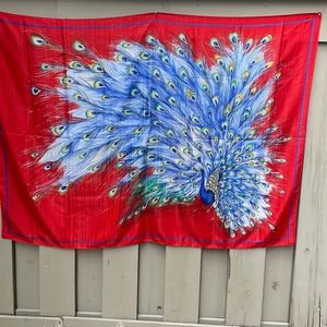 Gorgeous X X Large Red & Blue Peacock Themed Silky Polyester Scarf / Wrap